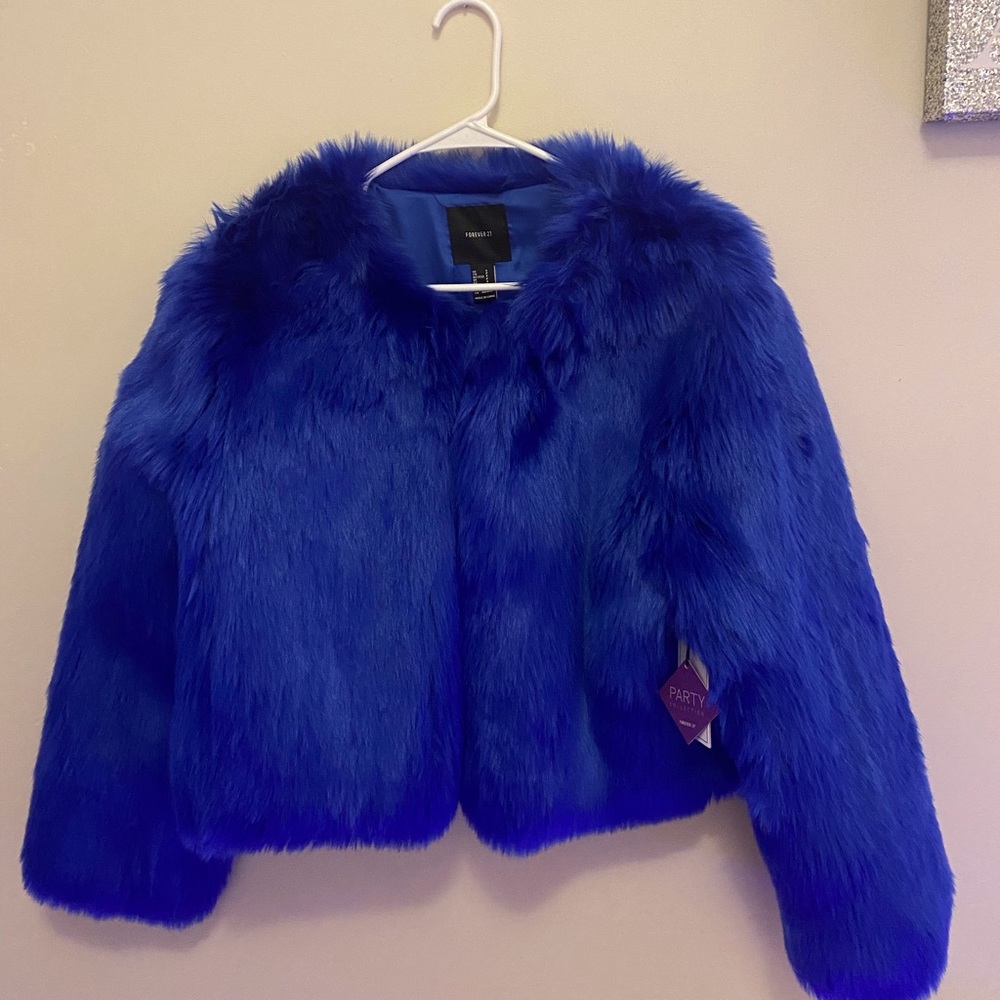 Party COLLECTION Faux Furry Electric Blue Waist Length Coat - Picture 1 of 5